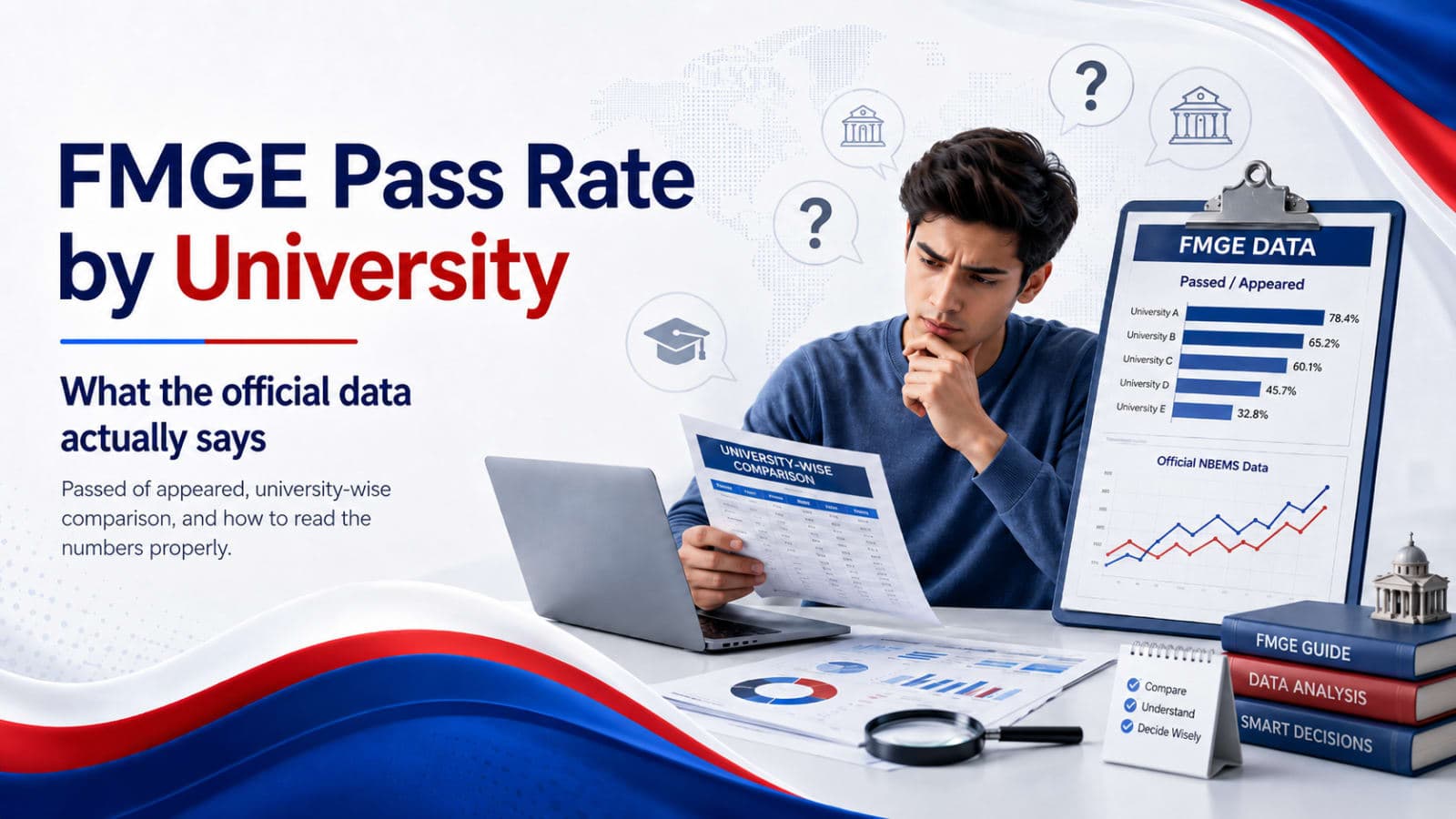 FMGE pass rate by university — a passed-of-appeared bar chart built from official NBEMS institute-wise data.